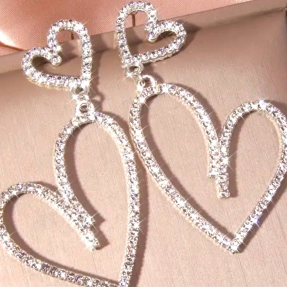 Double Heart Rhinestone Hanging 2” Earrings - New